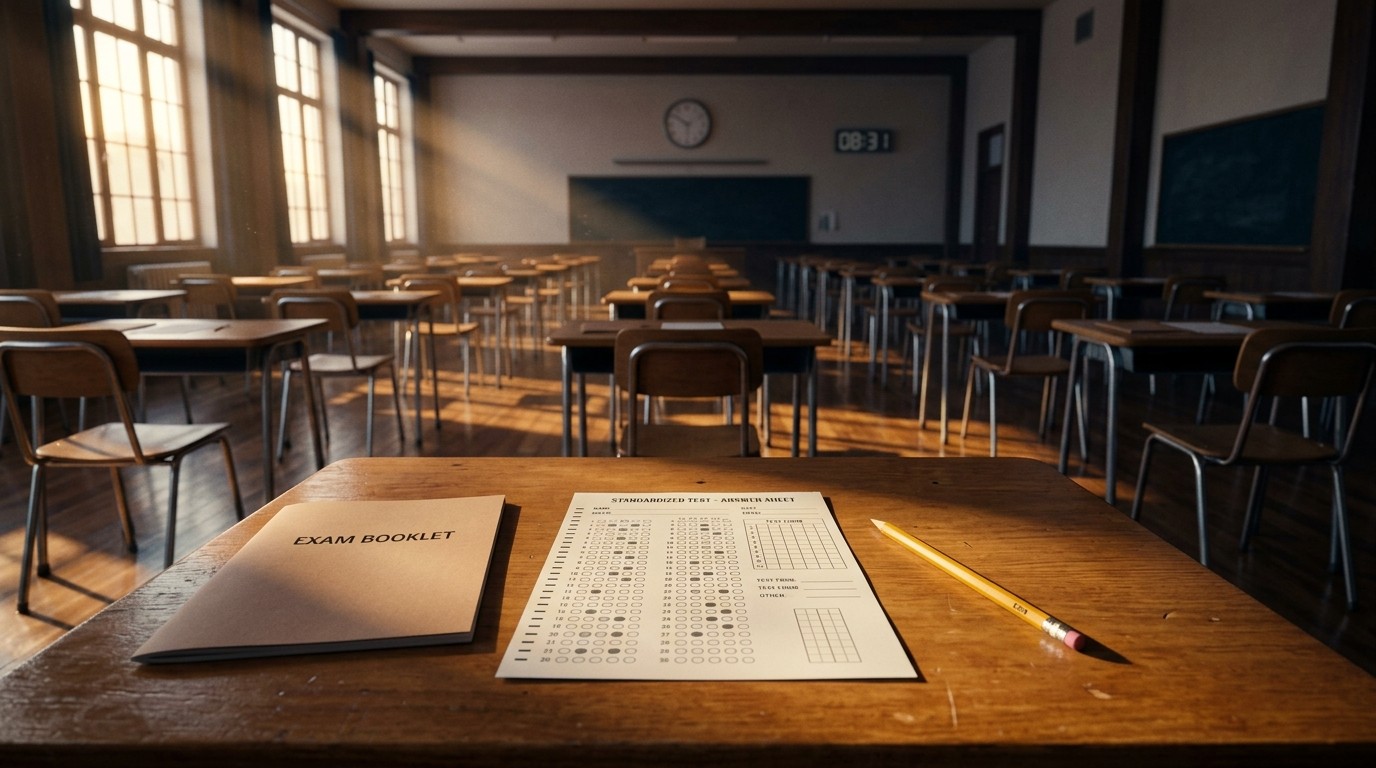 An empty exam hall in late light; on the nearest desk a half-filled answer sheet, a pencil, a closed exam booklet. The clock on the wall reads a few minutes to the hour.