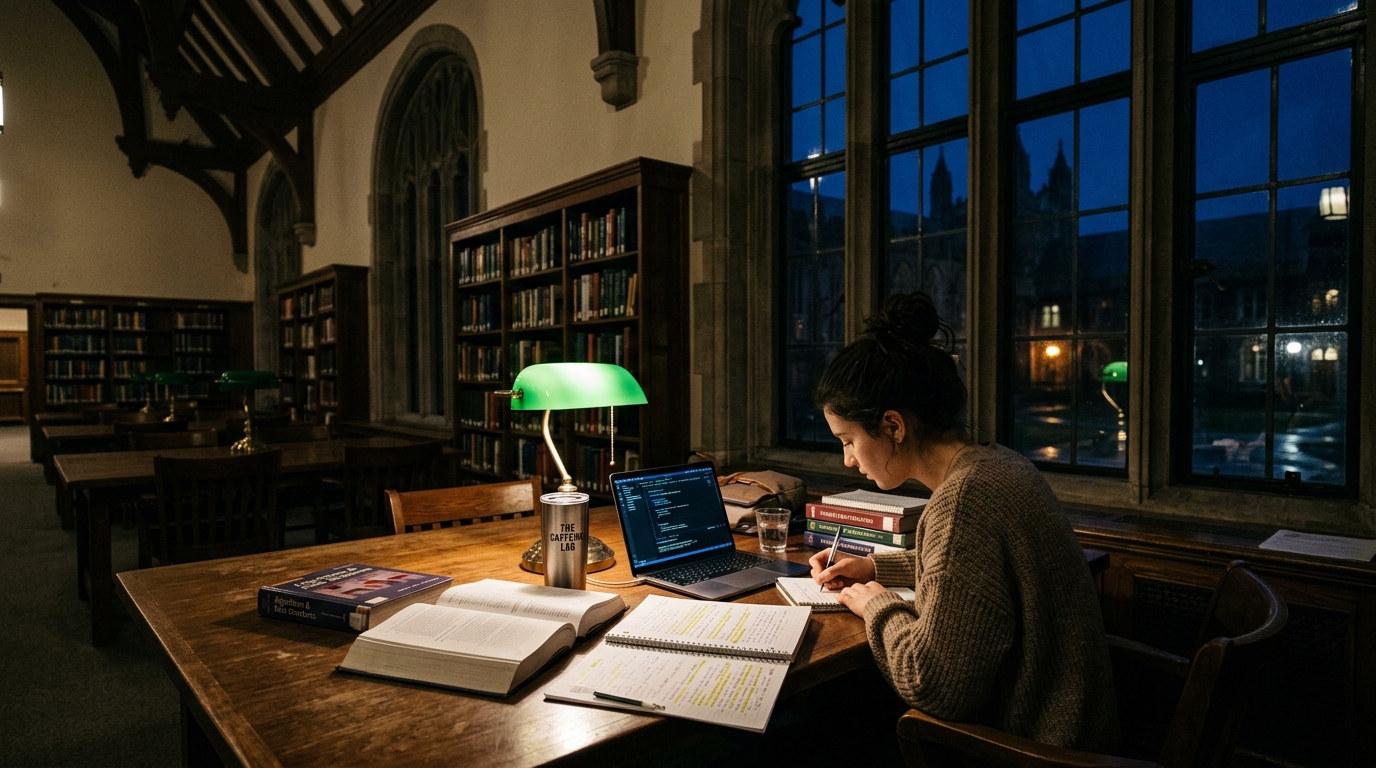 A student studying late in a library